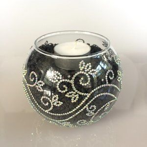 Candle holder, vase, large, short. Swirls, leaves rhinestone design wraps around